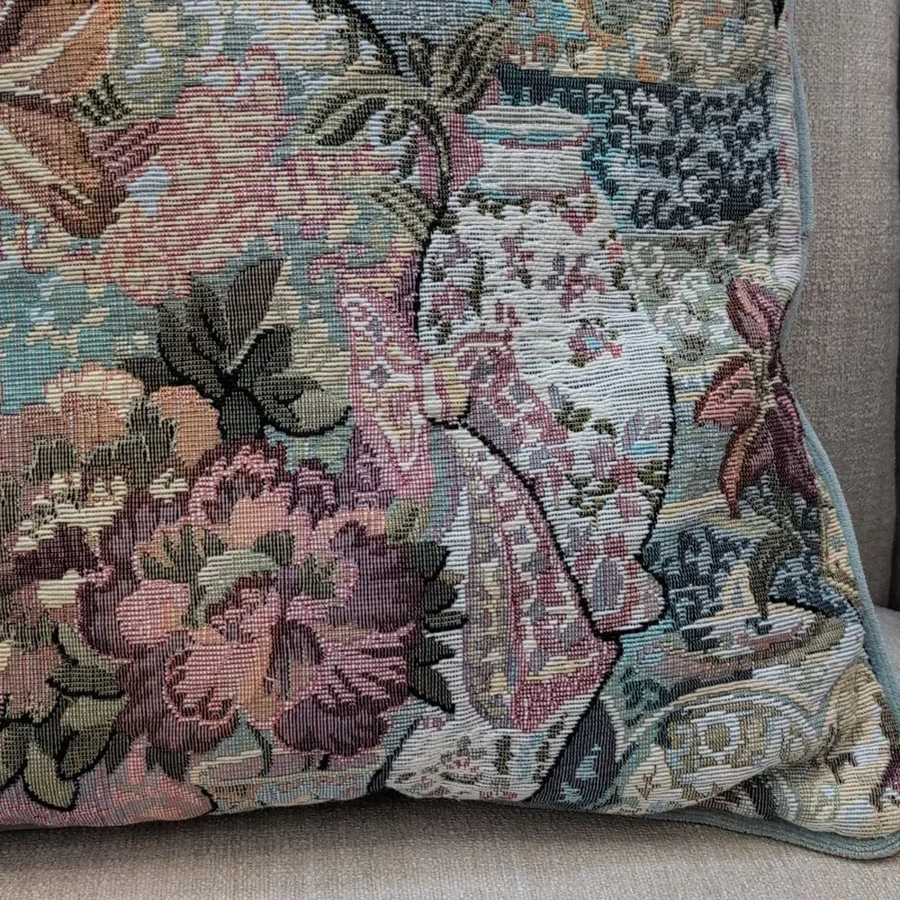 Vintage Ginger Jar Floral Tapestry Accent Pillow Velvet Backing